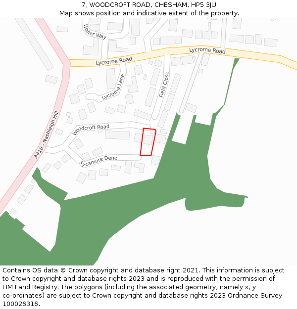 7, WOODCROFT ROAD, CHESHAM, HP5 3JU: Location map and indicative extent of plot