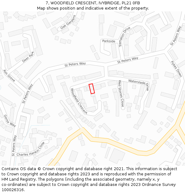 7, WOODFIELD CRESCENT, IVYBRIDGE, PL21 0FB: Location map and indicative extent of plot