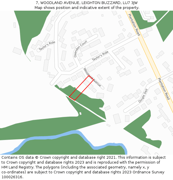 7, WOODLAND AVENUE, LEIGHTON BUZZARD, LU7 3JW: Location map and indicative extent of plot