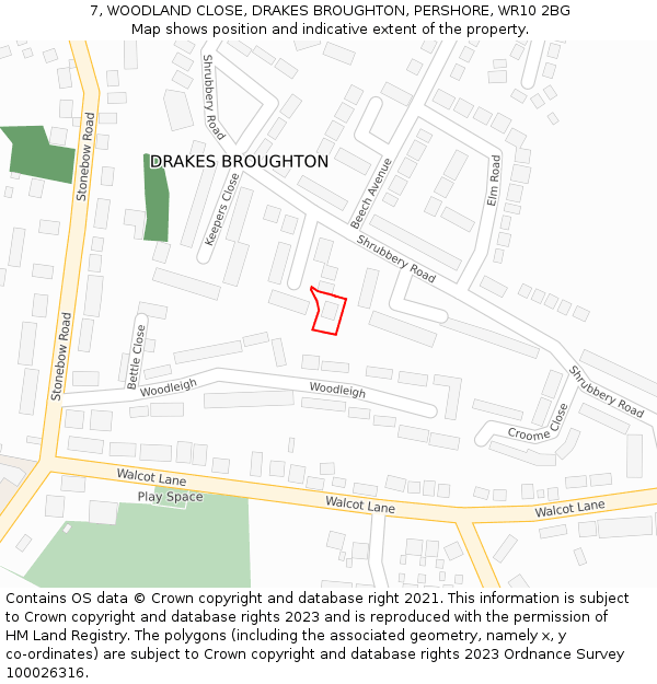 7, WOODLAND CLOSE, DRAKES BROUGHTON, PERSHORE, WR10 2BG: Location map and indicative extent of plot