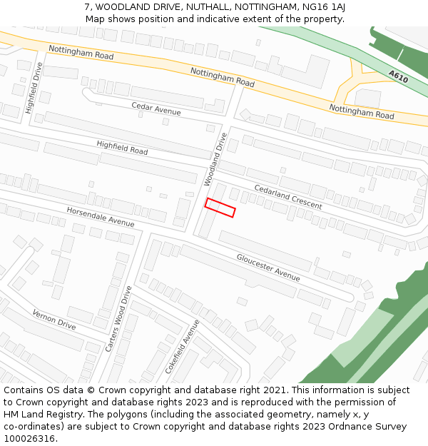 7, WOODLAND DRIVE, NUTHALL, NOTTINGHAM, NG16 1AJ: Location map and indicative extent of plot