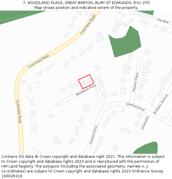 7, WOODLAND PLACE, GREAT BARTON, BURY ST EDMUNDS, IP31 2TG: Location map and indicative extent of plot