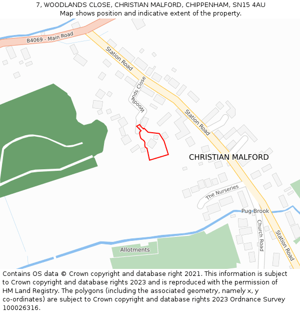 7, WOODLANDS CLOSE, CHRISTIAN MALFORD, CHIPPENHAM, SN15 4AU: Location map and indicative extent of plot