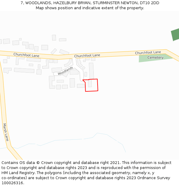 7, WOODLANDS, HAZELBURY BRYAN, STURMINSTER NEWTON, DT10 2DD: Location map and indicative extent of plot