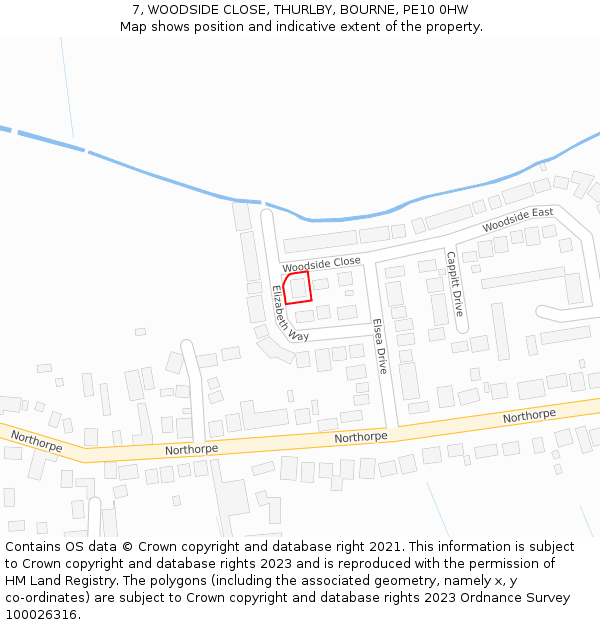 7, WOODSIDE CLOSE, THURLBY, BOURNE, PE10 0HW: Location map and indicative extent of plot