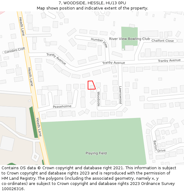 7, WOODSIDE, HESSLE, HU13 0PU: Location map and indicative extent of plot