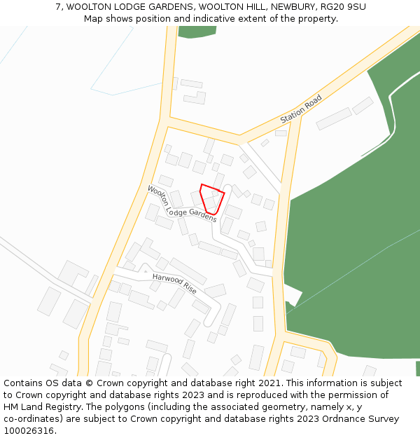 7, WOOLTON LODGE GARDENS, WOOLTON HILL, NEWBURY, RG20 9SU: Location map and indicative extent of plot