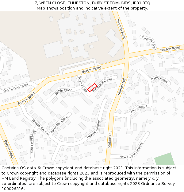 7, WREN CLOSE, THURSTON, BURY ST EDMUNDS, IP31 3TQ: Location map and indicative extent of plot