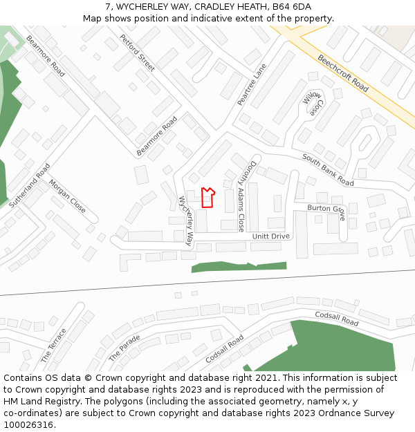 7, WYCHERLEY WAY, CRADLEY HEATH, B64 6DA: Location map and indicative extent of plot