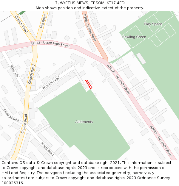 7, WYETHS MEWS, EPSOM, KT17 4ED: Location map and indicative extent of plot