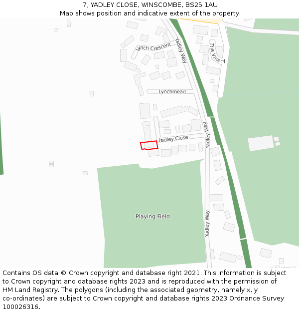 7, YADLEY CLOSE, WINSCOMBE, BS25 1AU: Location map and indicative extent of plot