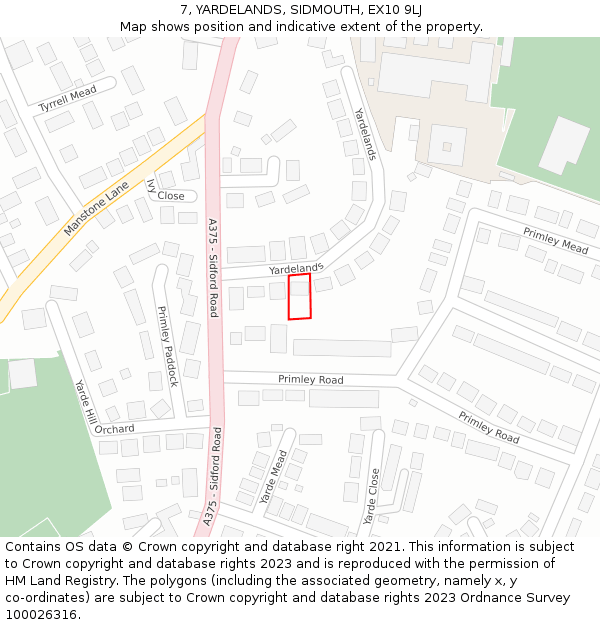 7, YARDELANDS, SIDMOUTH, EX10 9LJ: Location map and indicative extent of plot