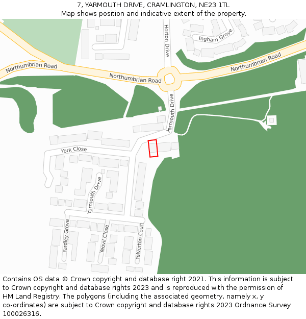 7, YARMOUTH DRIVE, CRAMLINGTON, NE23 1TL: Location map and indicative extent of plot