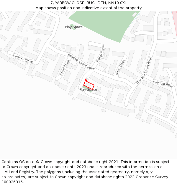 7, YARROW CLOSE, RUSHDEN, NN10 0XL: Location map and indicative extent of plot