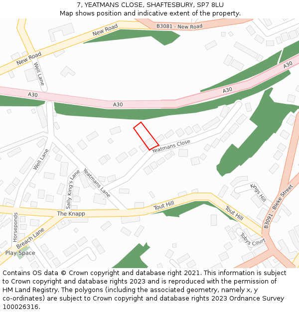 7, YEATMANS CLOSE, SHAFTESBURY, SP7 8LU: Location map and indicative extent of plot