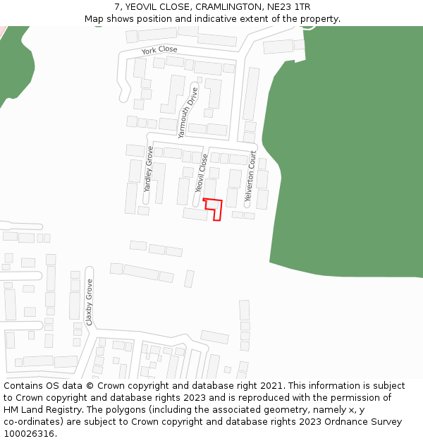 7, YEOVIL CLOSE, CRAMLINGTON, NE23 1TR: Location map and indicative extent of plot