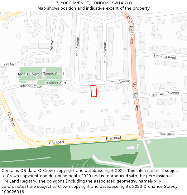7, YORK AVENUE, LONDON, SW14 7LQ: Location map and indicative extent of plot