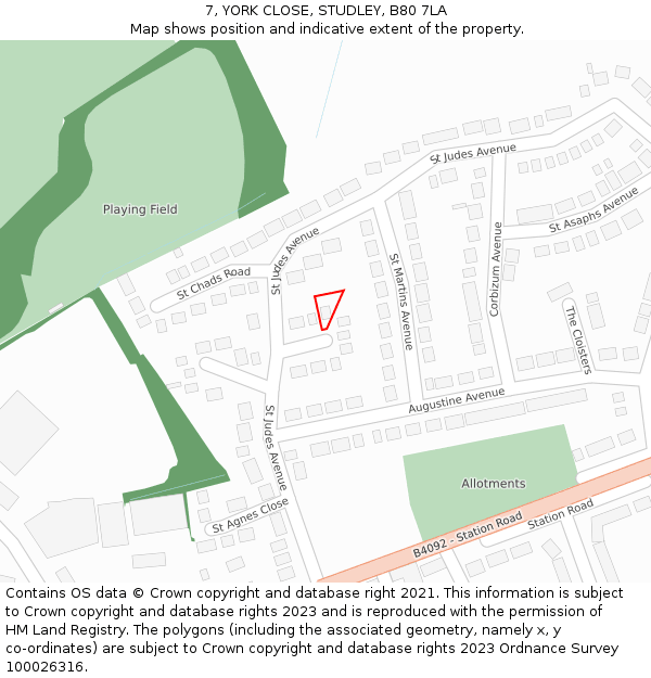 7, YORK CLOSE, STUDLEY, B80 7LA: Location map and indicative extent of plot