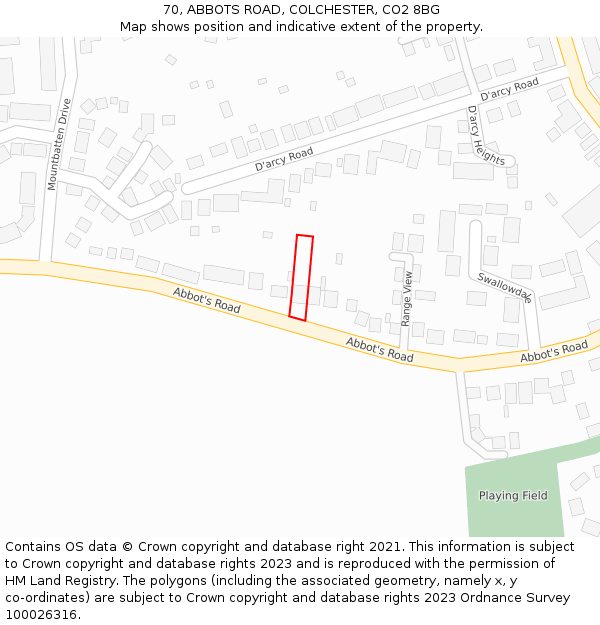 70, ABBOTS ROAD, COLCHESTER, CO2 8BG: Location map and indicative extent of plot