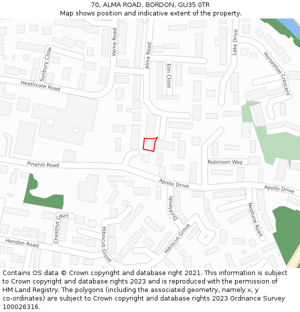 70, ALMA ROAD, BORDON, GU35 0TR: Location map and indicative extent of plot