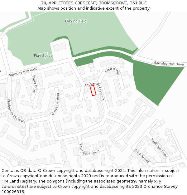 70, APPLETREES CRESCENT, BROMSGROVE, B61 0UE: Location map and indicative extent of plot
