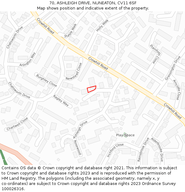 70, ASHLEIGH DRIVE, NUNEATON, CV11 6SF: Location map and indicative extent of plot