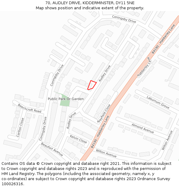 70, AUDLEY DRIVE, KIDDERMINSTER, DY11 5NE: Location map and indicative extent of plot