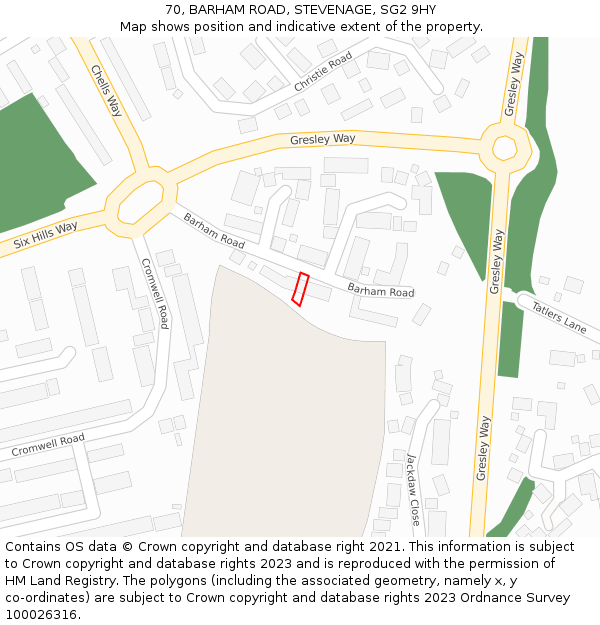 70, BARHAM ROAD, STEVENAGE, SG2 9HY: Location map and indicative extent of plot