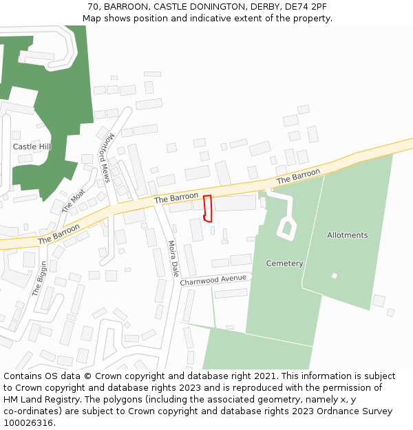 70, BARROON, CASTLE DONINGTON, DERBY, DE74 2PF: Location map and indicative extent of plot