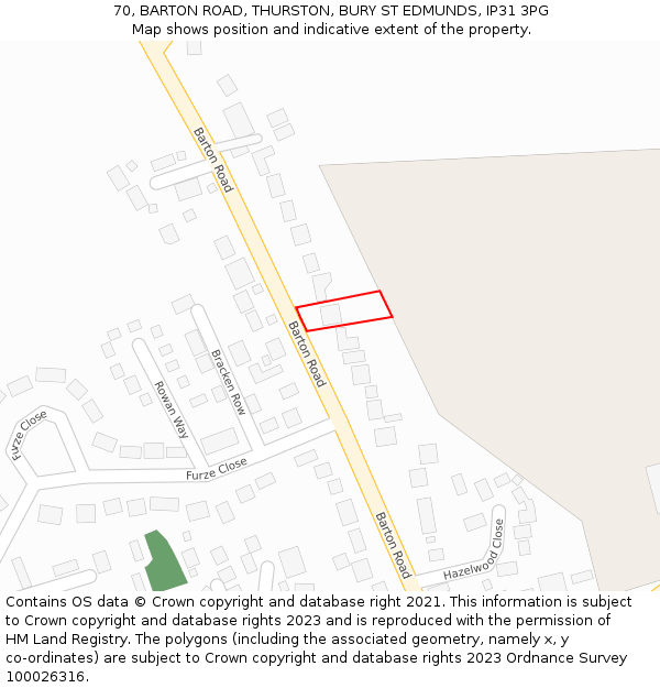 70, BARTON ROAD, THURSTON, BURY ST EDMUNDS, IP31 3PG: Location map and indicative extent of plot