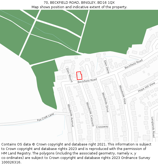 70, BECKFIELD ROAD, BINGLEY, BD16 1QX: Location map and indicative extent of plot
