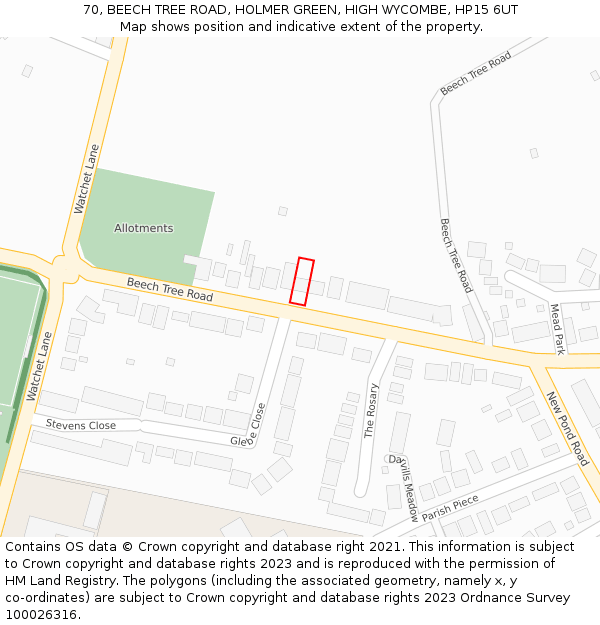 70, BEECH TREE ROAD, HOLMER GREEN, HIGH WYCOMBE, HP15 6UT: Location map and indicative extent of plot