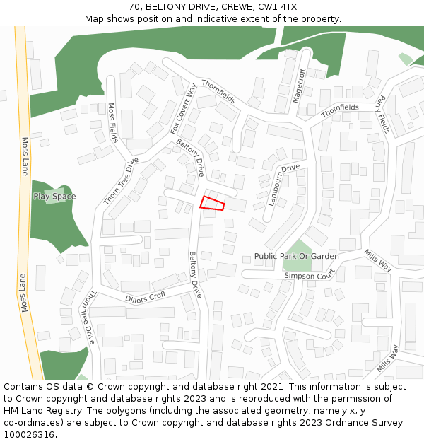 70, BELTONY DRIVE, CREWE, CW1 4TX: Location map and indicative extent of plot