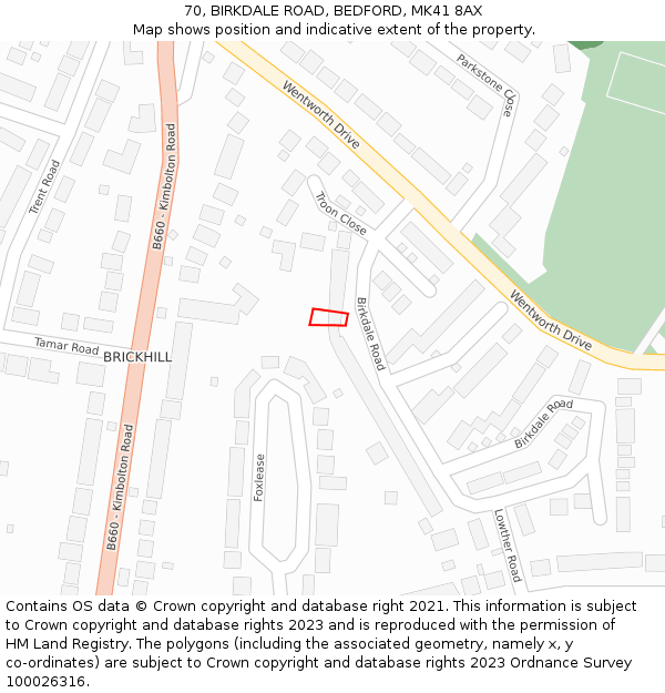 70, BIRKDALE ROAD, BEDFORD, MK41 8AX: Location map and indicative extent of plot