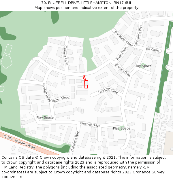 70, BLUEBELL DRIVE, LITTLEHAMPTON, BN17 6UL: Location map and indicative extent of plot
