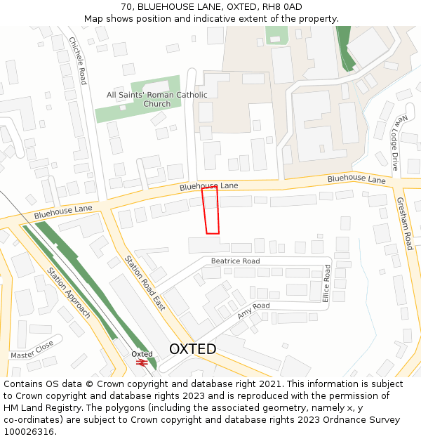 70, BLUEHOUSE LANE, OXTED, RH8 0AD: Location map and indicative extent of plot