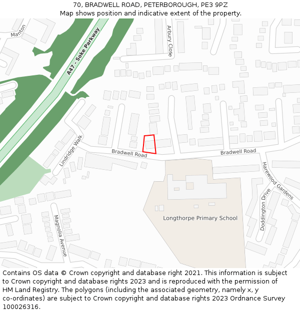 70, BRADWELL ROAD, PETERBOROUGH, PE3 9PZ: Location map and indicative extent of plot