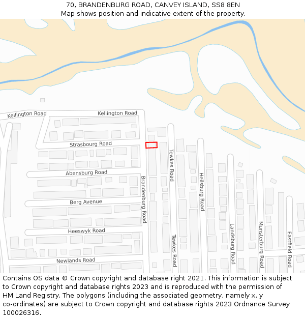 70, BRANDENBURG ROAD, CANVEY ISLAND, SS8 8EN: Location map and indicative extent of plot