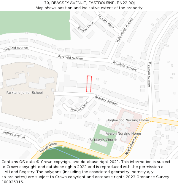 70, BRASSEY AVENUE, EASTBOURNE, BN22 9QJ: Location map and indicative extent of plot