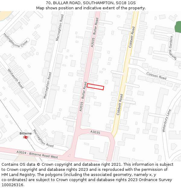 70, BULLAR ROAD, SOUTHAMPTON, SO18 1GS: Location map and indicative extent of plot