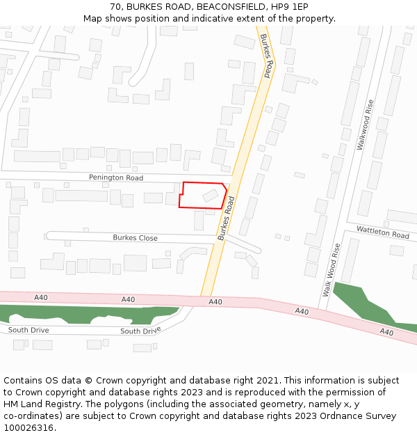 70, BURKES ROAD, BEACONSFIELD, HP9 1EP: Location map and indicative extent of plot