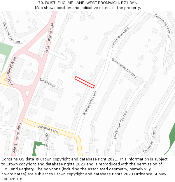 70, BUSTLEHOLME LANE, WEST BROMWICH, B71 3AN: Location map and indicative extent of plot