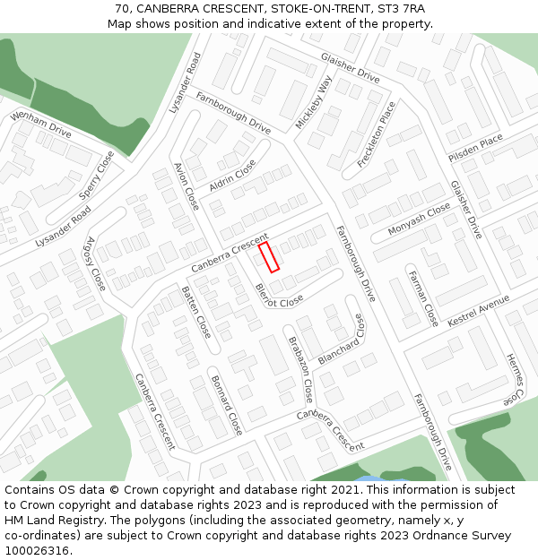 70, CANBERRA CRESCENT, STOKE-ON-TRENT, ST3 7RA: Location map and indicative extent of plot