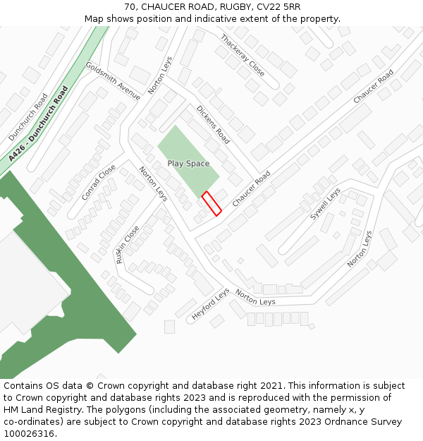 70, CHAUCER ROAD, RUGBY, CV22 5RR: Location map and indicative extent of plot