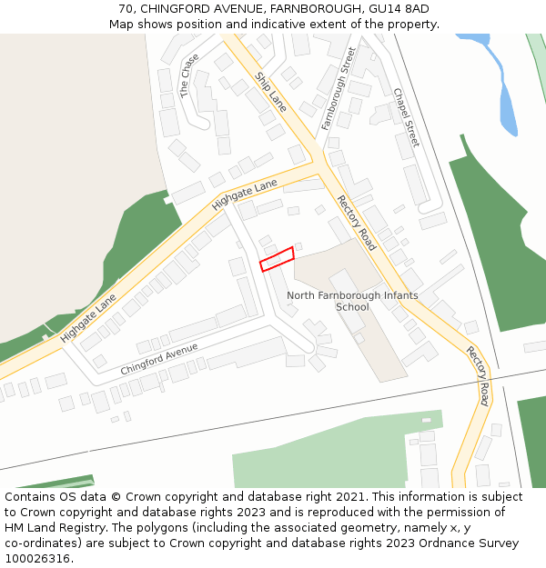 70, CHINGFORD AVENUE, FARNBOROUGH, GU14 8AD: Location map and indicative extent of plot
