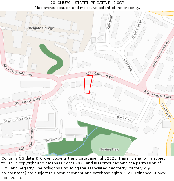 70, CHURCH STREET, REIGATE, RH2 0SP: Location map and indicative extent of plot
