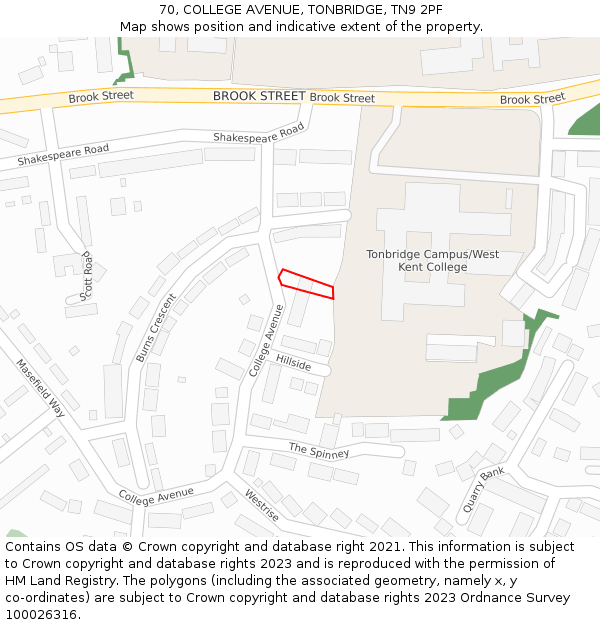 70, COLLEGE AVENUE, TONBRIDGE, TN9 2PF: Location map and indicative extent of plot