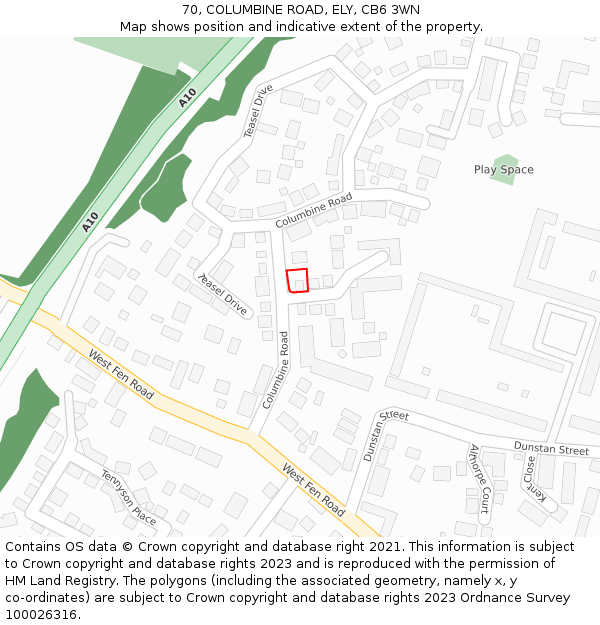 70, COLUMBINE ROAD, ELY, CB6 3WN: Location map and indicative extent of plot