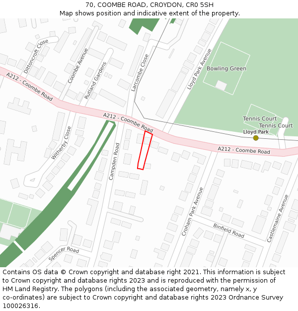 70, COOMBE ROAD, CROYDON, CR0 5SH: Location map and indicative extent of plot