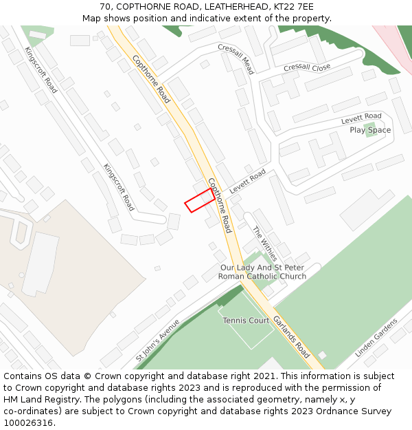 70, COPTHORNE ROAD, LEATHERHEAD, KT22 7EE: Location map and indicative extent of plot